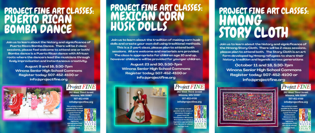 Three posters promoting each workshop event: from left to right, Puerto Rican Bomba Dance, Mexican Corn Husk Dolls, and Hmong Story Cloth