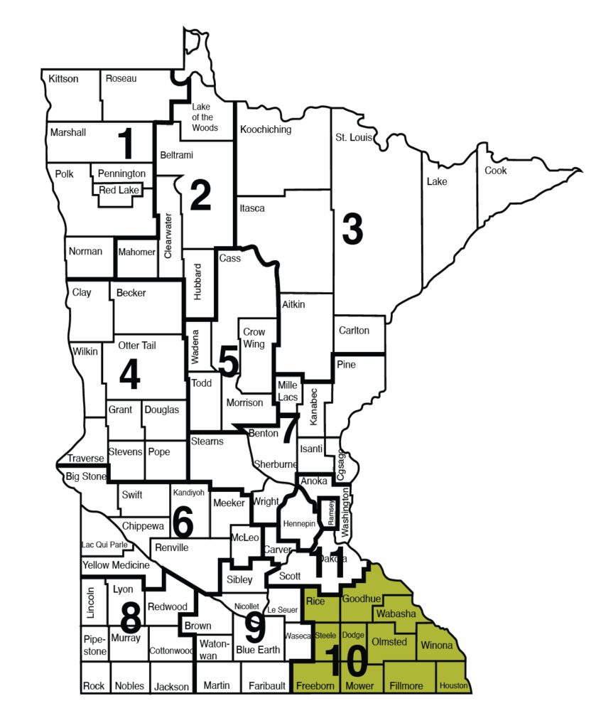 Here's alt text for this image: "A map of Minnesota showing 10 numbered congressional districts. Each district is outlined and contains the names of counties within it. District 1 is in the northwest, District 2 in the central-west area, District 3 in the central-north area around St. Louis, District 4 in the west-central region, District 5 around Todd county, District 6 in the southwest including Chippewa county, District 7 covering much of southern Minnesota with multiple counties, District 8 in the southwest corner including Lincoln and Lyon counties, District 9 in the south-central area, and District 10 in the southeast corner highlighted in green. County names are clearly labeled throughout the map.