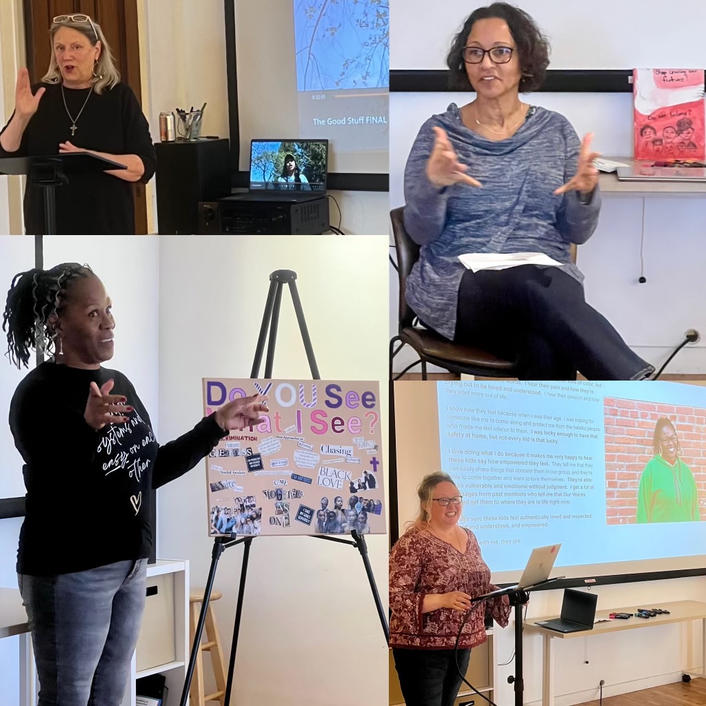 A four-panel collage showing different moments from what appears to be a presentation or workshop. Top left: A blonde woman in black clothing gesturing while speaking, with a laptop visible in the background. Top right: A woman with dark curly hair and glasses in a gray striped top, seated and speaking with expressive hand gestures. Bottom left: A Black woman in a black t-shirt with text on it, standing next to an easel displaying a colorful poster titled "Do You See What I See?" featuring various images and text about Black love and community. Bottom right: A woman in a patterned red/burgundy top standing at a presentation setup with a laptop and large screen displaying what appears to be a colorful mural or artwork featuring a person in green.