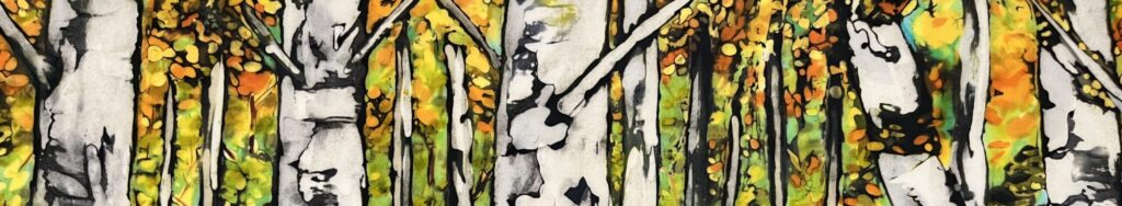 Painting of birch trees contrasted against the orange, yellow, and green foliage of fall.